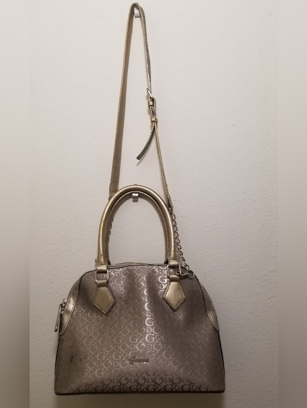 Guess Metallic Taupe Crossbody Satchel with Gold Accents & Logo Signature